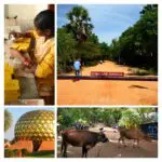 Auroville w Indiach – Matrimandir z lotu ptaka, tablica z nazwą Auroville oraz uroczystość przy ognisku