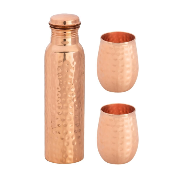 Zestaw miedziany na wodę butelka + 2 kubki młotkowany owalny